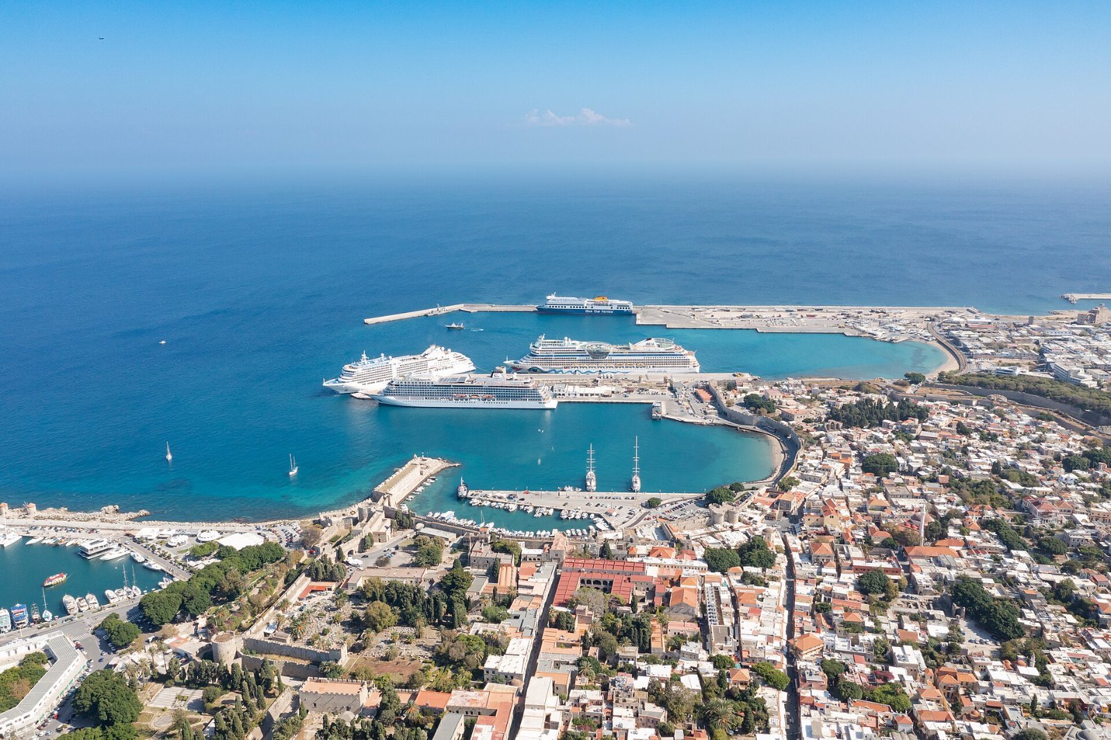 Aerial view of Rhodes Old Town harbor, Greece