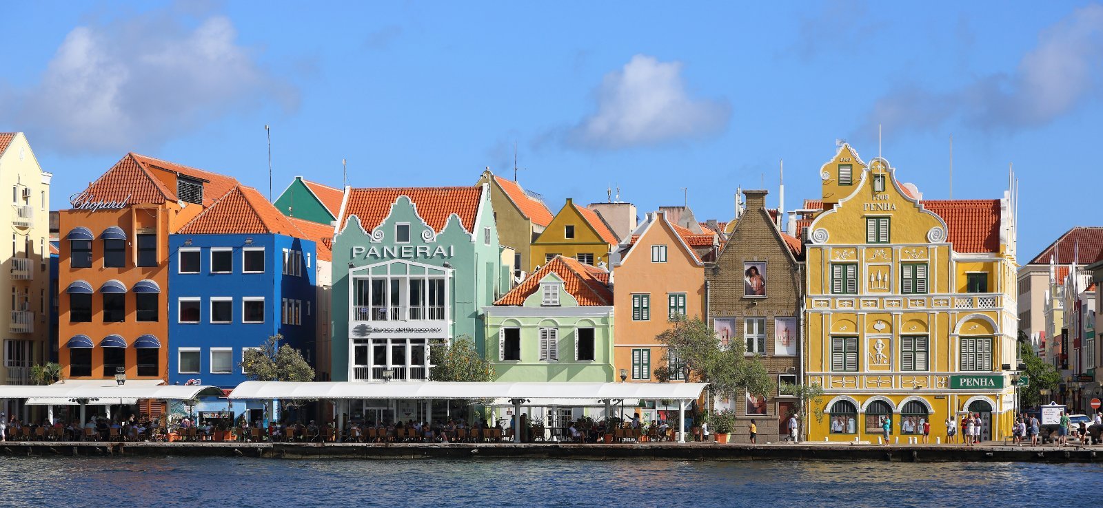 Colorful Dutch colonial facades along the Handelskade waterfront in Willemstad, Curacao