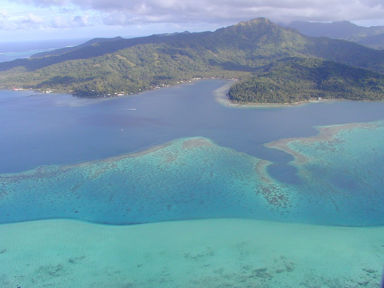 Aerial view of Taha'a island lagoon near Bora Bora, French Polynesia