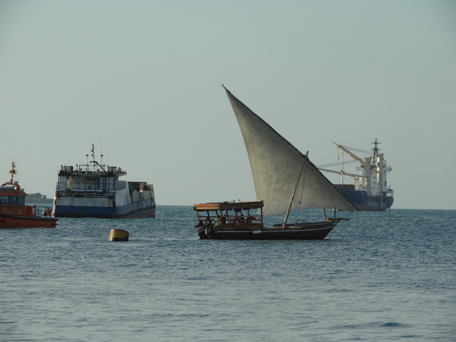 Illustrative Zanzibar coastal road and dhow boats; not a specific transfer service