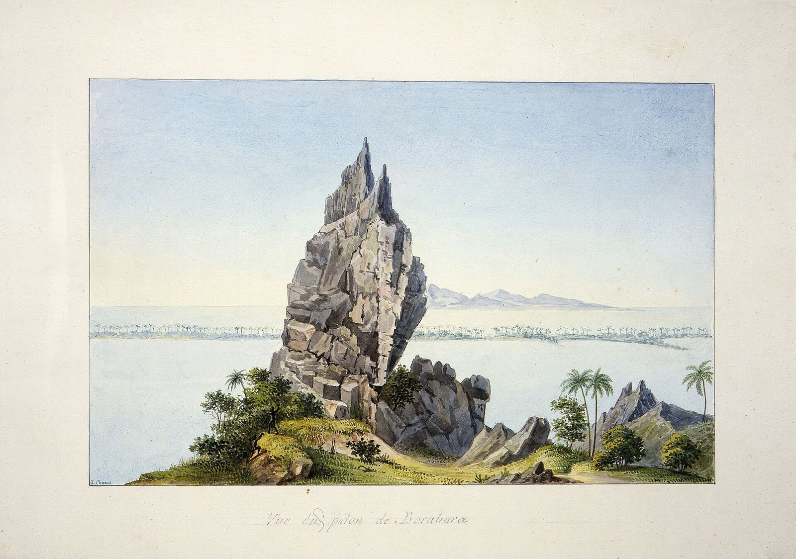 [Chazal, Antoine] 1793-1854 :Vue du piton de Borabora [after a drawing by Jules le Jeune, Society Islands, 1826]. Reference Number: C-082-03 — Photo: Antoine Chazal (1793-1854), after Jules le Jeune, Public domain, via Wikimedia Commons