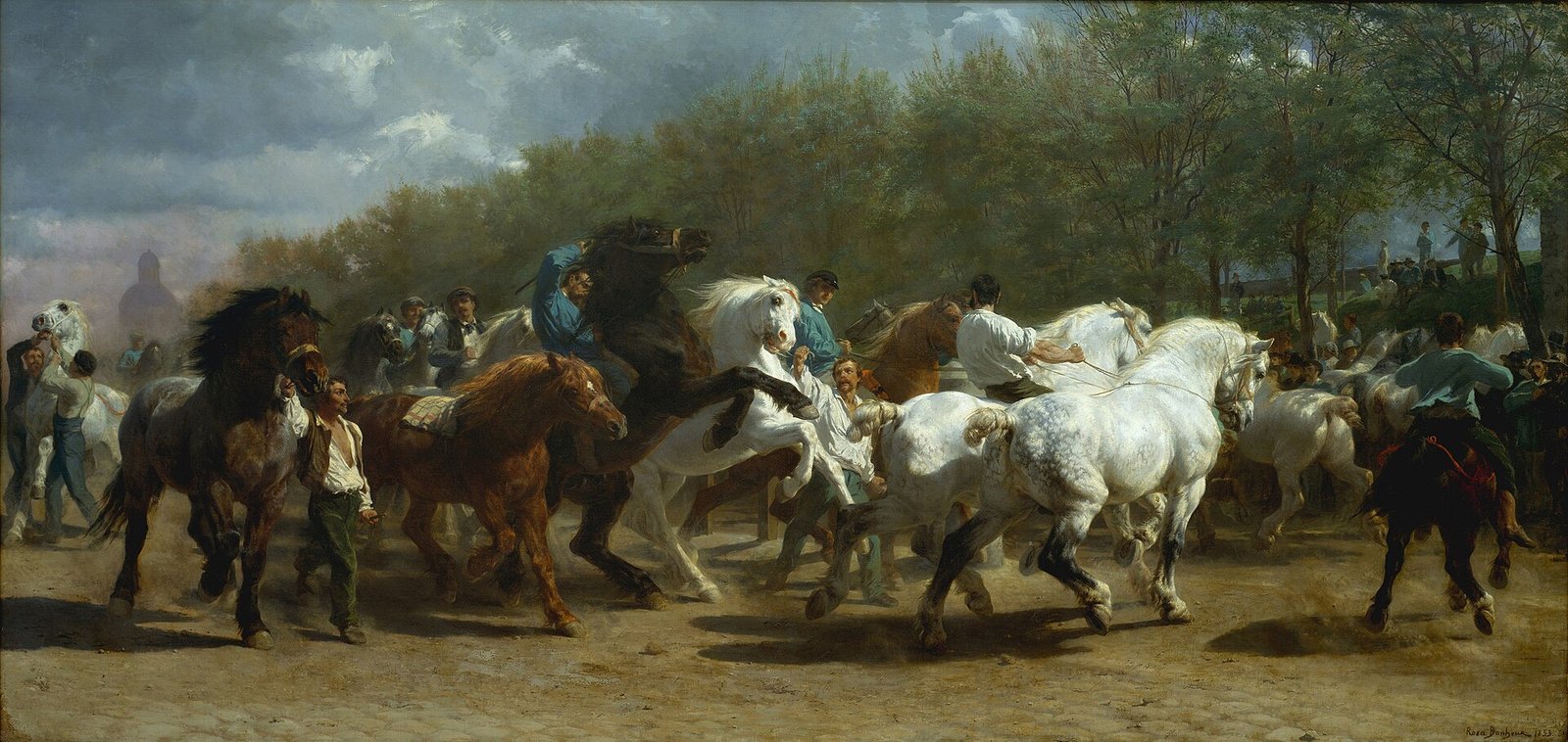 The scene is the horse market in Paris, and the dome of La Salpêtrière is visible in the background. — Photo: Rosa Bonheur, Public domain, via Wikimedia Commons