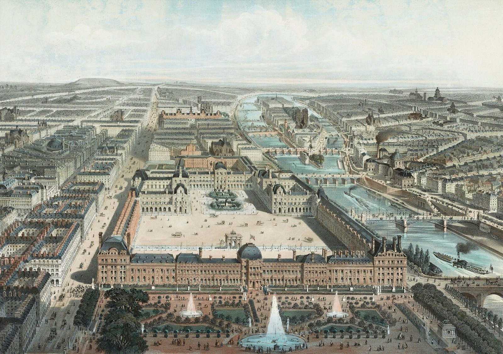 Original caption reads "Paris moderne. Les Tuileries, le Louvre, et la rue de Rivoli, vue prise du Jardin des Tuileries." This translates to — Photo: Charles Fichot, Public domain, via Wikimedia Commons